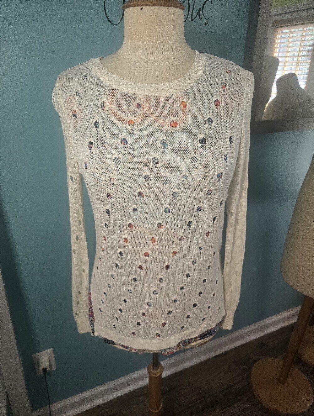 Desigual White Open-Knit Crewneck Sweater with Perforated Dot Detail
